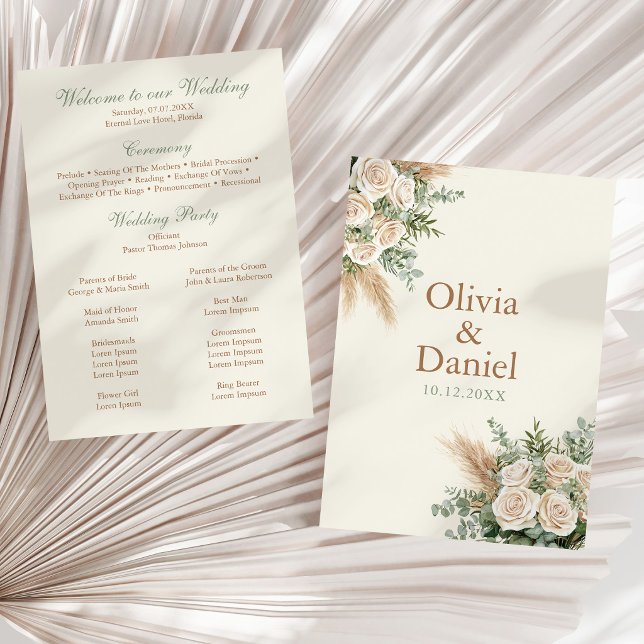 Elegant Beige Pampas & Rose Wedding Program (Elegant Beige Pampas & Rose Wedding Program on a neutral dry palm leaf)