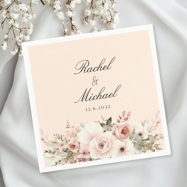 Elegant, beige-peach, pastel, flower bouquet napkins (Personalized, elegant, white, pastel, flower bouquet napkins)