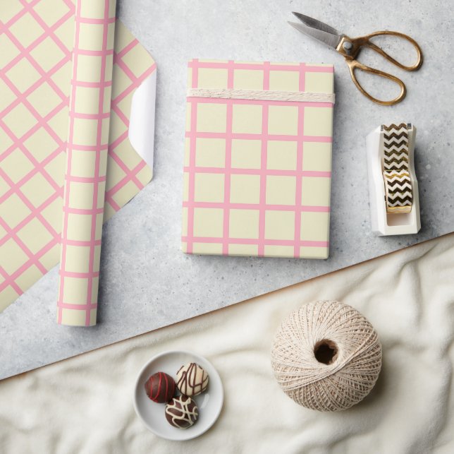 Elegant Beige & Pink Grid Wrapping Paper (Crafts)