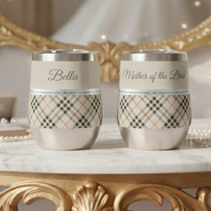 Elegant Beige Plaid Mother of the Bride Keepsake Thermal Wine Tumbler