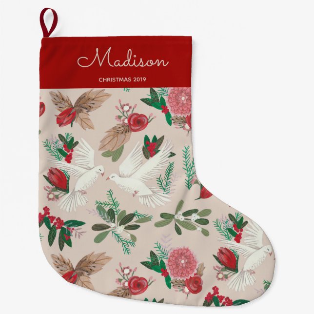 Elegant Beige & Red Birds Doves floral pattern Large Christmas Stocking (Front)