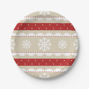 Elegant Beige Red White Christmas Snowflake Design Paper Plates