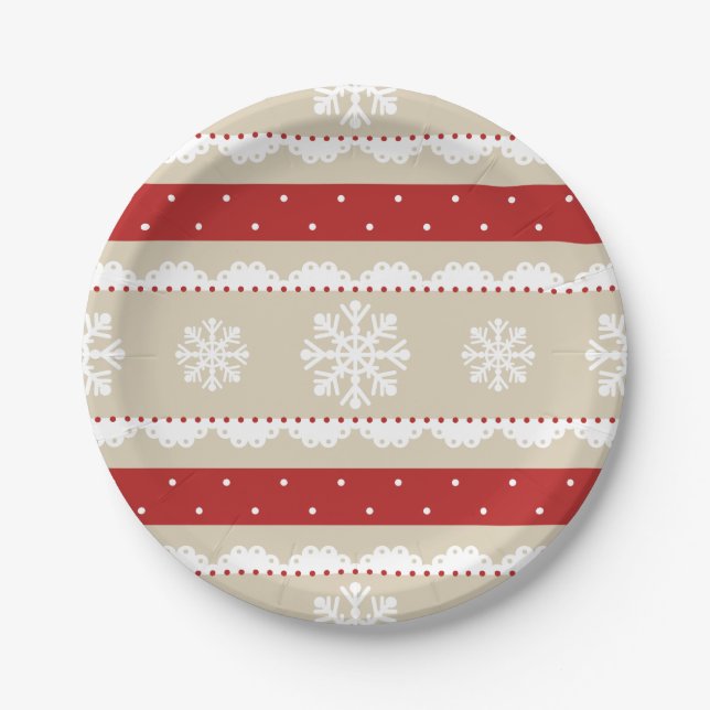 Elegant Beige Red White Christmas Snowflake Design Paper Plates (Front)