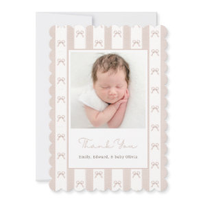 Elegant Beige Ribbon Bow Baby Shower Photo Thank You Card