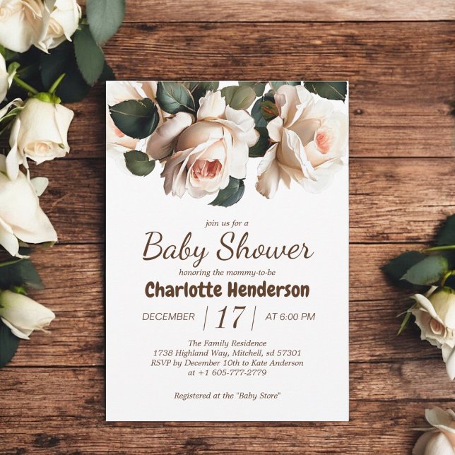 Elegant Beige Rose Girl Baby Shower Invitation (Elegant Beige Rose Girl Baby Shower Invitation)