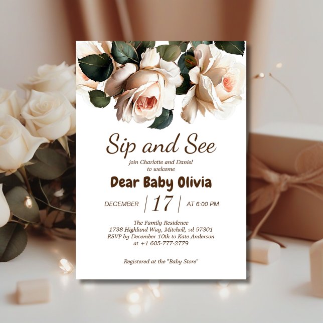 Elegant Beige Rose Sip and See Girl Baby Shower Invitation (Gentle Sip & See Baby Shower Invite!)