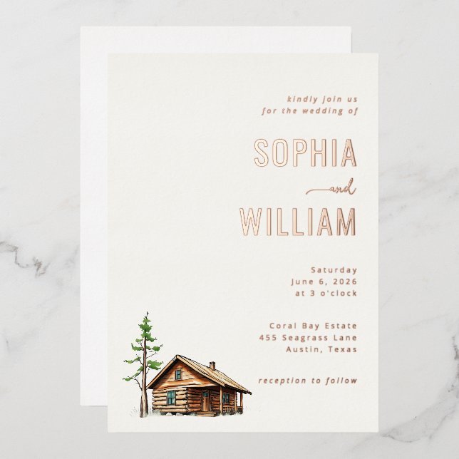 Elegant Beige Rustic Cabin Foil Invitation (Front/Back)