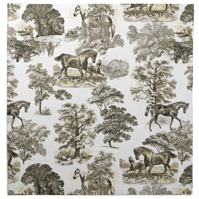 Elegant Beige Rustic Horses Toile Cloth Napkin (Front)