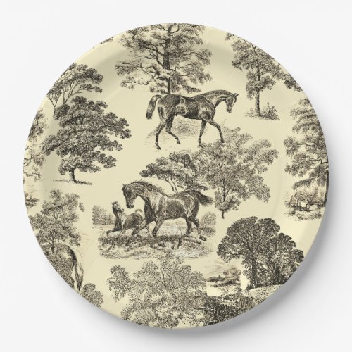 Elegant Beige Rustic Horses Toile Paper Plates