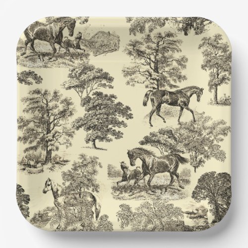 Elegant Beige Rustic Horses Toile Paper Plates