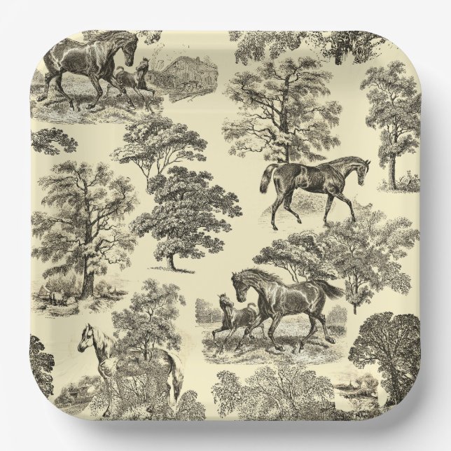 Elegant Beige Rustic Horses Toile Paper Plates (Front)