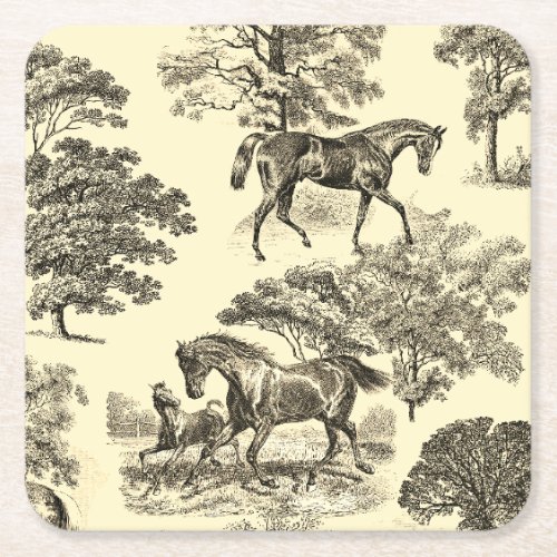 Elegant Beige Rustic Horses Toile Square Paper Coaster
