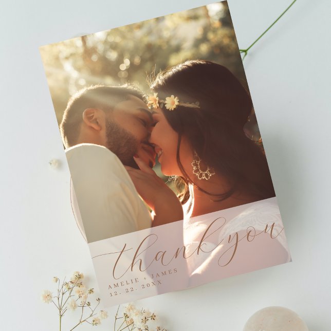 Elegant Beige Script Photo Overlay Wedding Thank You Card (Creator Uploaded)