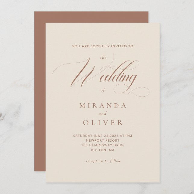 Elegant Beige Script Wedding Invitation (Front/Back)