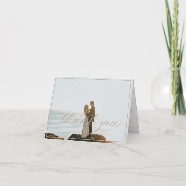 Elegant Beige Script Wedding Photo Letterpress Thank You Card (Front)