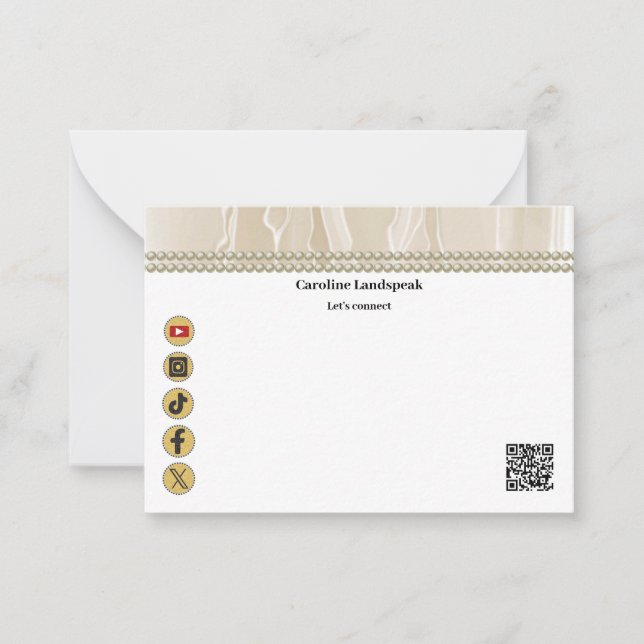 Elegant Beige Silk, Social Media & QR Code Note Card (Front)