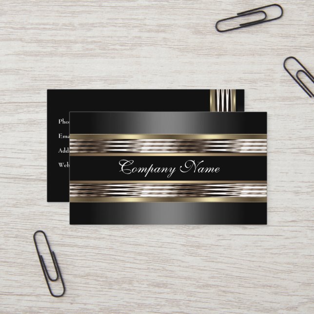 Elegant Beige Silver Chrome Metal Black Business Card (Front/Back In Situ)