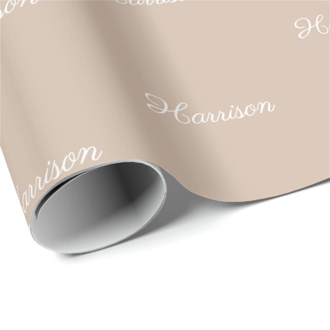 Elegant beige tan script custom name birthday  wrapping paper (Roll Corner)