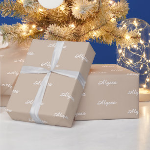 Elegant beige tan script custom name birthday  wrapping paper