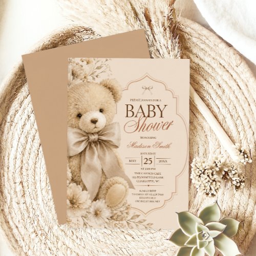 Elegant Beige Teddy Bear Baby Shower Invitation