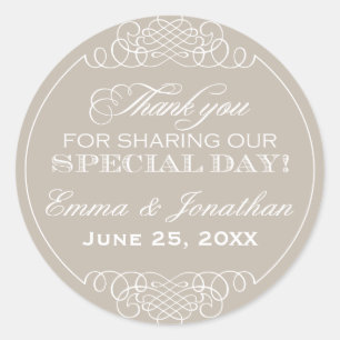 Elegant Beige Thank You Monogram Wedding Classic Round Sticker