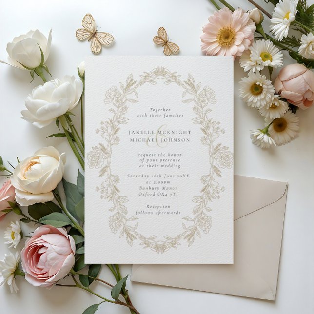 Elegant Beige Toile Floral Wreath Wedding Invitation (Creator Uploaded)
