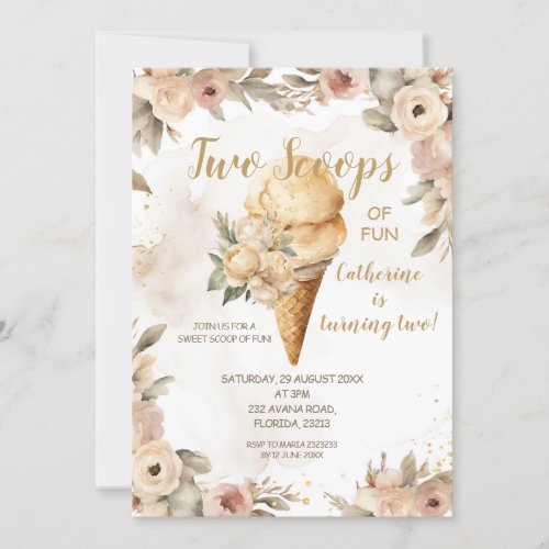 Elegant Beige Two Scoops Of Fun 2nd Birthday Party Invitation