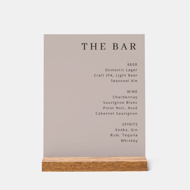 Elegant Beige Typographic Bar Menu Acrylic Sign (Front)