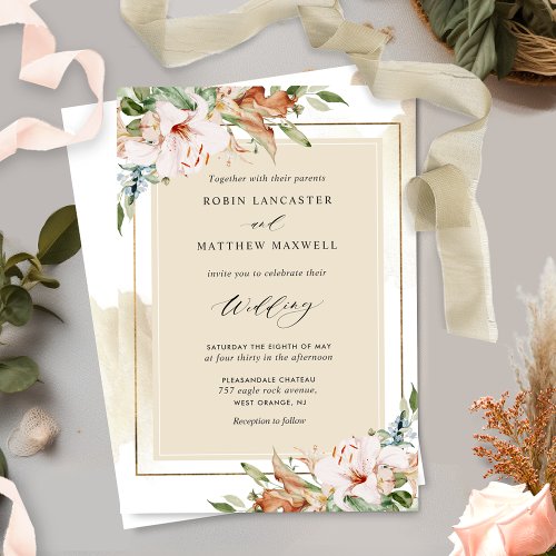 Elegant Beige Watercolor and Earthy Floral Wedding Invitation