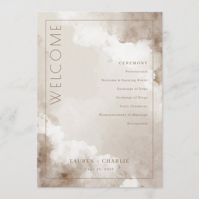 Elegant Beige Watercolor Wedding Ceremony Schedule Program (Front)