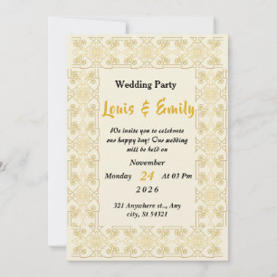 Elegant beige wedding decorated,gold floral border invitation