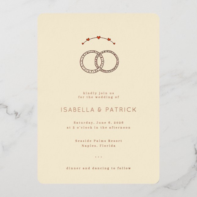 Elegant Beige Wedding Rings Foil Invitation (Front)