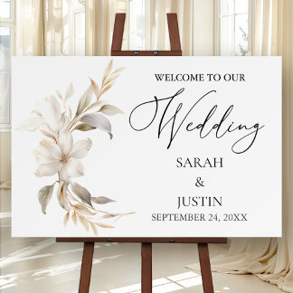 Elegant Beige White Floral Wedding Welcome Sign