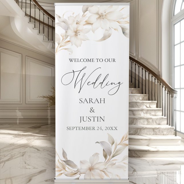 Elegant Beige White Floral Wedding Welcome Sign (Creator Uploaded)