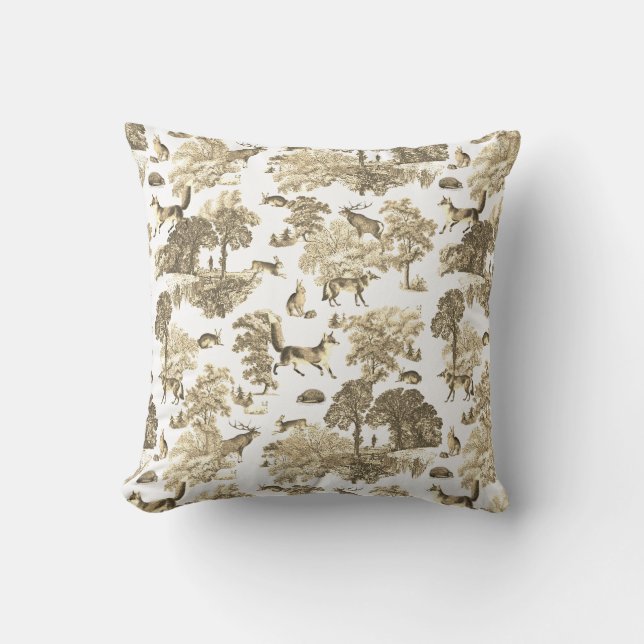 Elegant Beige White Fox Rabbit Woodland Toile  Throw Pillow (Front)