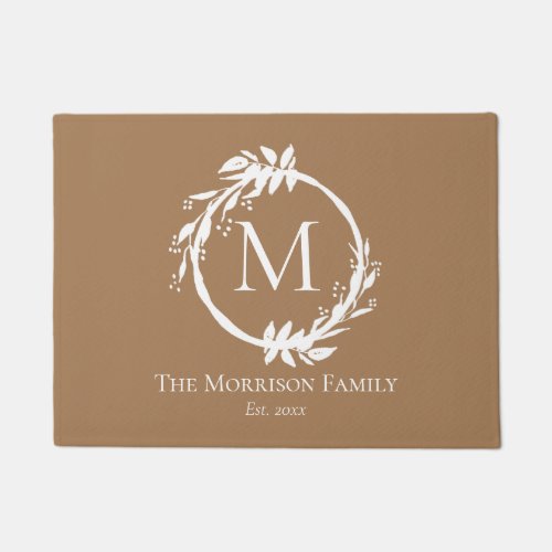 Elegant Beige White Wreath Family Name Monogram Doormat