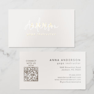 Elegant Beige Yoga Meditation Studio Qr Code Foil Spot Gloss Business Cards