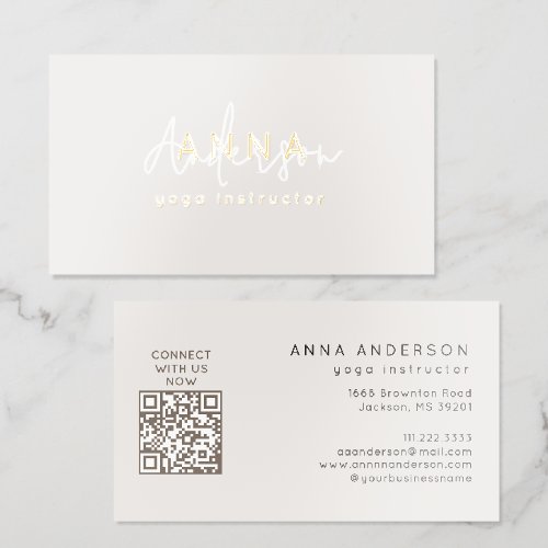 Elegant Beige Yoga Meditation Studio Qr Code Foil Spot Gloss Business Cards