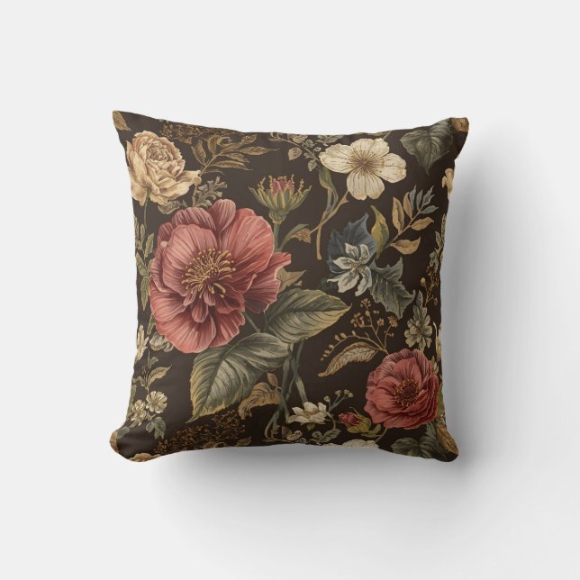 Elegant, Beigie Maroon Brown Flowers Pattern Throw Pillow (Front)