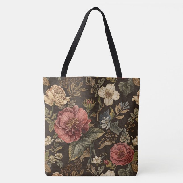 Elegant, Beigie Maroon Brown Flowers Pattern Tote Bag (Front)