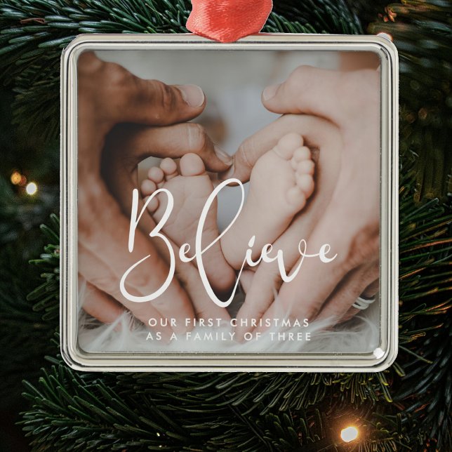 Elegant Believe First Christmas as a family of 3 Metal Ornament (Creator Uploaded)