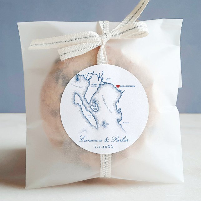 Elegant Bellingham Washington Map Wedding Favor Classic Round Sticker (Elegant Bellingham Washington Wedding favor round sticker labels with navy blue map from Coastal Map)