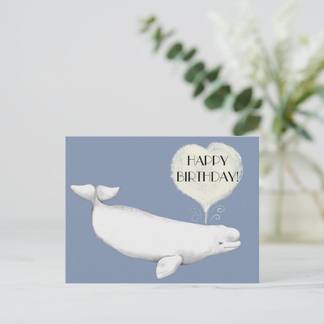  Elegant Beluga Whale Illustration Happy Birthday Postcard (Standing Front)