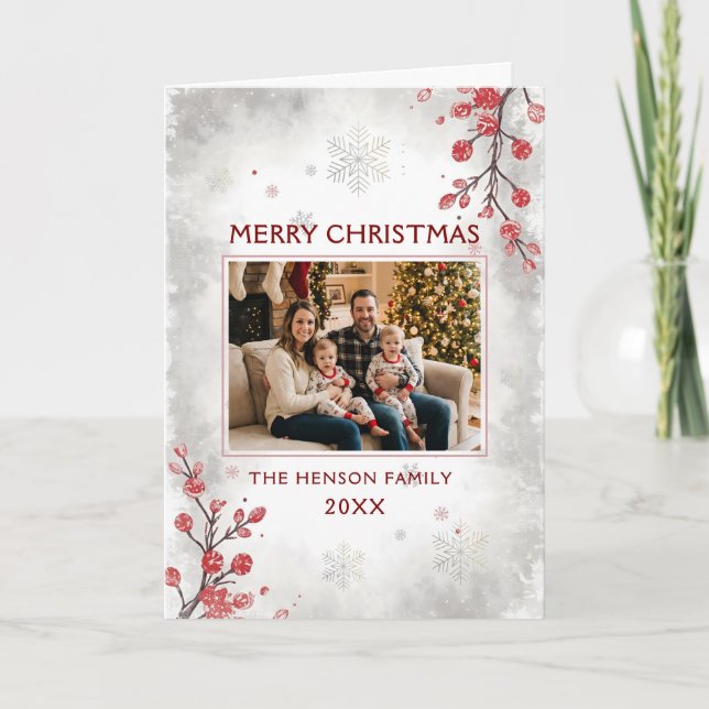 Elegant Berries Snowflakes Family Photo Christmas  Holiday Card (Front)
