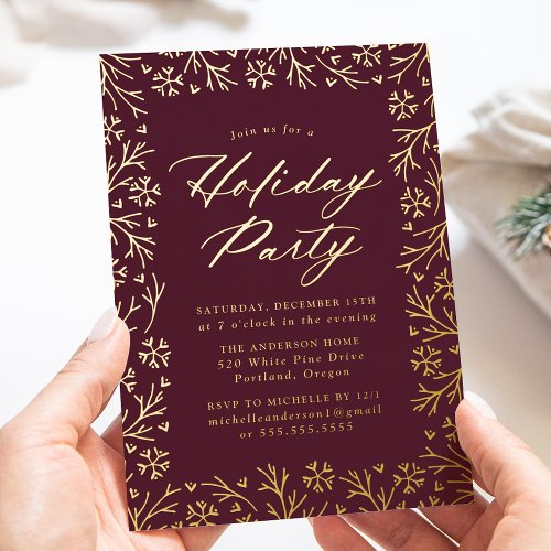 Elegant Berry and Gold Snowflake Holiday Party Foil Invitation