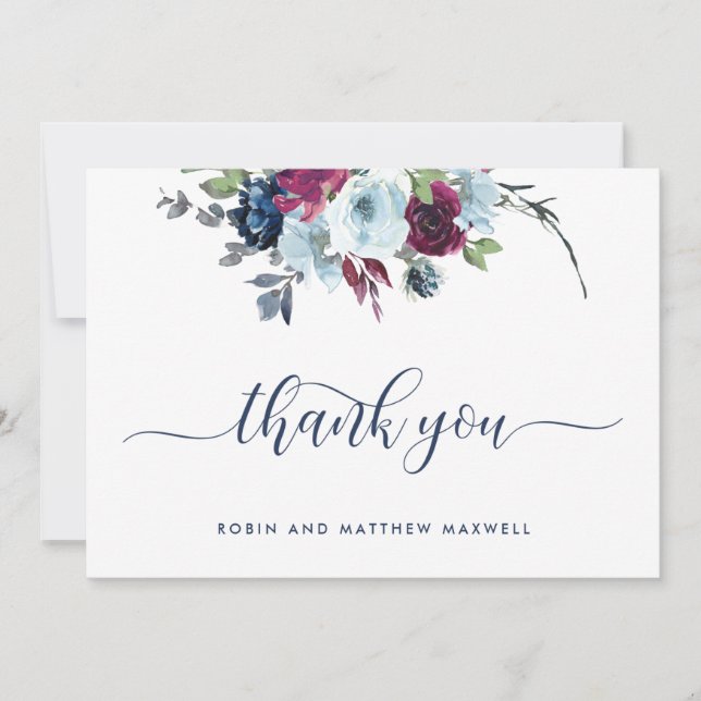 Elegant Berry, Blue and Burgundy Floral Thank You  (Front)