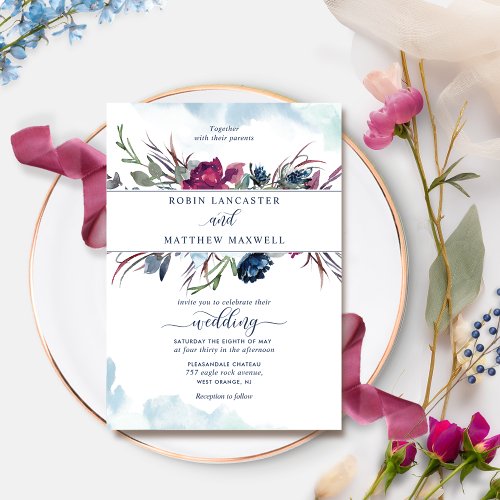 Elegant Berry Blue Floral and Watercolor Wedding Invitation