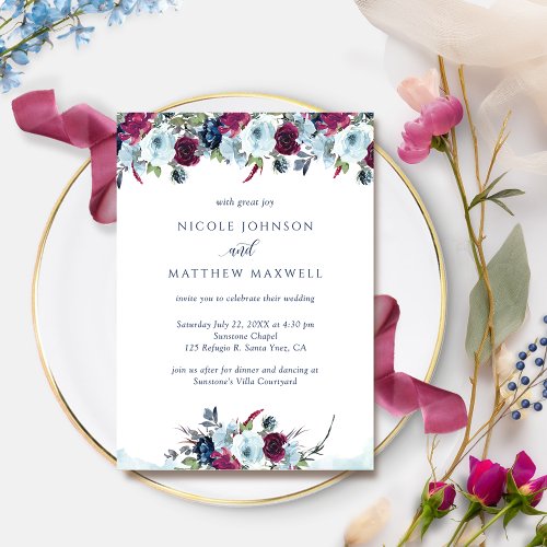 Elegant Berry Burgundy and Blue Blooms Wedding Invitation