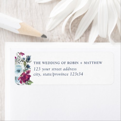 Elegant Berry Burgundy and Blue Floral Address Lab Label