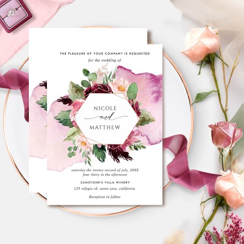 Elegant Berry Burgundy and Blush Floral Wedding Invitation